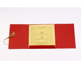 Gatefold style red and gold card with a tassel opening