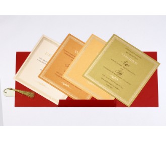 Gatefold style red and gold card with a tassel opening
