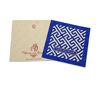 Geometric design wedding invitation in blue with marble effect