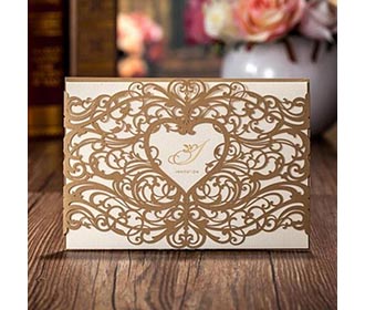 Gold Lace Cut Wedding Invitation with motifs and heart shape