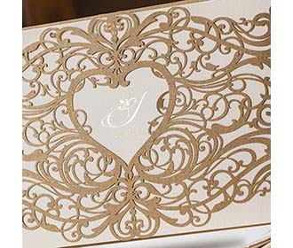 Gold Lace Cut Wedding Invitation with motifs and heart shape