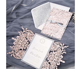 Gorgeous royal laser cut wedding invitation in metallic pink & silver