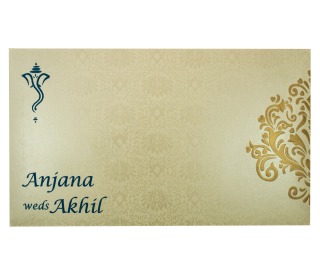Hindu Designer Wedding Card in Blue with Golden Motifs