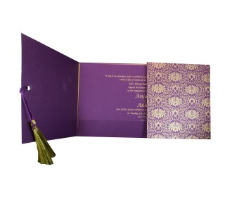 Hindu Designer Wedding Card in Purple with Golden Patterns