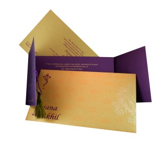 Hindu Designer Wedding Card in Purple with Golden Patterns