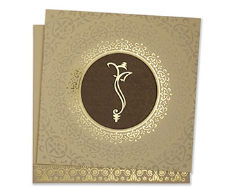 Hindu marriage card in biscuit colour with golden motifs