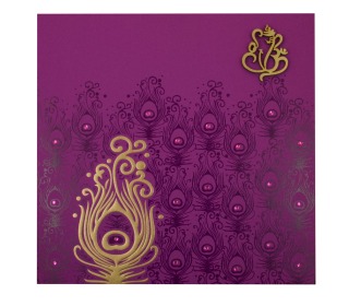 Hindu Marriage Invitation Card in Purple Peacock Feather Design