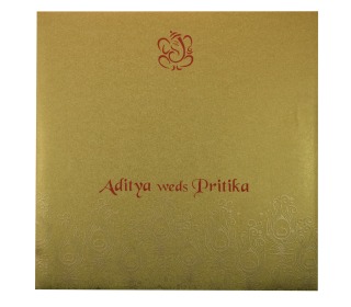 Hindu Marriage Invitation Card in Red and Golden Peacock Design