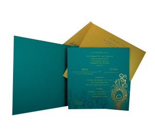 Hindu Marriage Invitation Card in Turquoise Blue Peacock Design