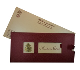 Hindu Wedding Card in Maroon with Pull out inserts in Golden