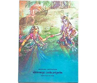 Hindu Wedding Card in Blue with Radha Krishna Rasleela images