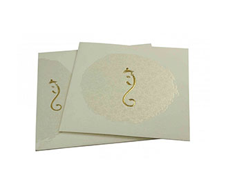 Hindu Wedding Card in Cream with Self Flower Design & Ganesha