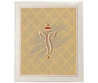 Hindu Wedding Card in Ivory & Khakhi Color with embossed Ganesha