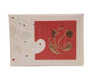 Hindu wedding card in Ivory and Red with a Golden ganesha image