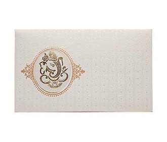 Hindu wedding card in Ivory with Ganesha and Peacock feather