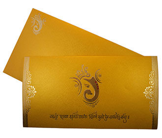 Hindu Wedding Card in Yellow Golden with Ganesha Symbol
