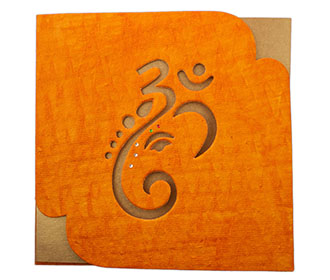 Hindu Wedding Card with Ganesha Image in Orange Handmade Paper