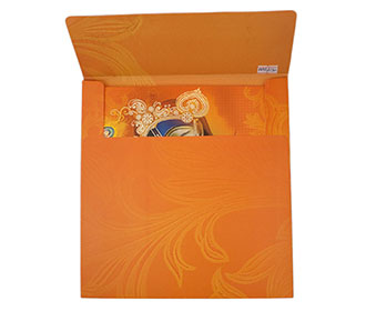 Hindu Wedding Card with Modern Radha Krishna Design in Orange