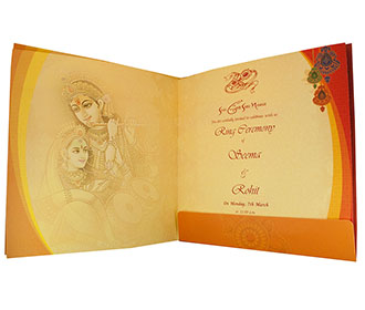 Hindu Wedding Card with Modern Radha Krishna Design in Orange
