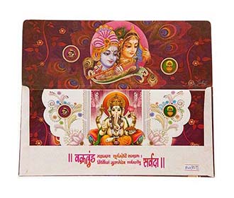 Hindu Wedding Card with Radha Krishna, Ganesha & Peacock Motifs