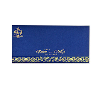 Hindu wedding invitation in blue and golden