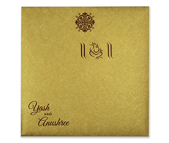 Hindu wedding invitation in brown with Ganesha symbol