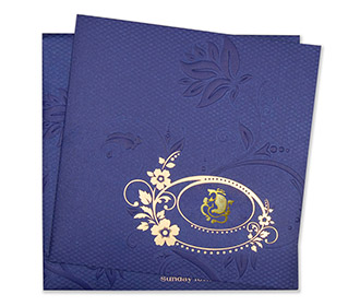 Hindu wedding invitation in navy blue with embossed floral design