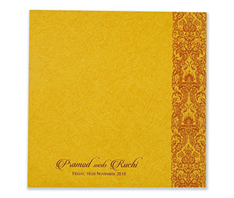 Hindu wedding invitation in vibrant yellow and orange