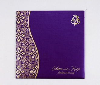Hindu wedding invite in purple with golden paisley