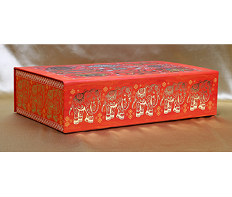 Indian wedding box card in red with motifs elephants and mirror shaped inserts