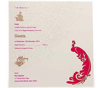 Indian Wedding Card in Blue & Pink Peacock with Rangoli Design