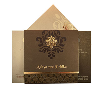 Indian Wedding Card in Brown with Traditional Golden Prints