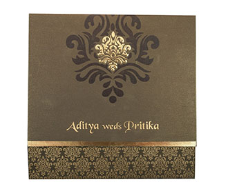 Indian Wedding Card in Brown with Traditional Golden Prints