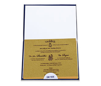 Indian wedding card in crumpled royal blue satin finish