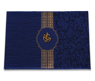 Indian wedding card in crumpled royal blue satin finish
