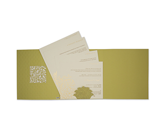 Indian wedding card in green embossed motifs and laser cut design