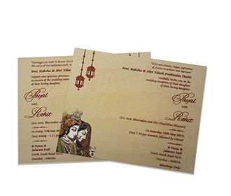 Indian wedding card with baraat and jaimala images in cream colour