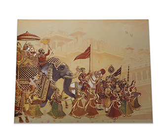 Indian wedding card with baraat and jaimala images in cream colour