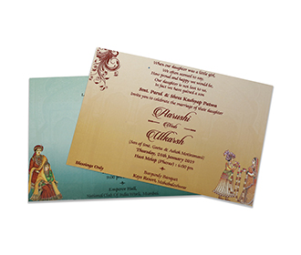 Indian wedding card with baraat and jaimala scene images