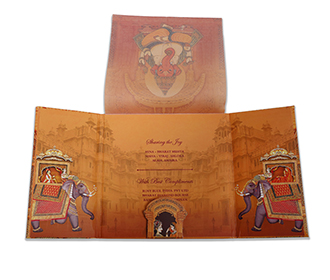 Indian wedding card with Ganesha, royal couple and wedding rituals.