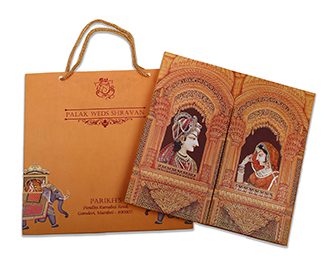 Indian wedding card with Ganesha, royal couple and wedding rituals.