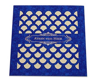 Indian wedding card with semi circular geometric patterns in blue