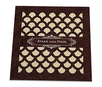 Indian wedding card with semi circular geometric patterns in brown