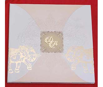 Indian Wedding Invitation Card in Ivory with Royal Elephants - 