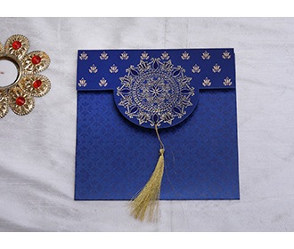 Indian wedding invitation in blue with designer motifs