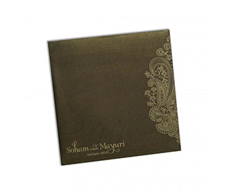 Indian Wedding Invitation in Brown with Motifs in Golden