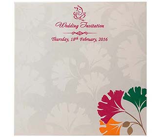 Indian Wedding Invitation in Ivory with Multi-color Leafs