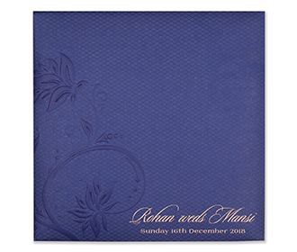 Indian wedding invitation in navy blue with embossed floral design