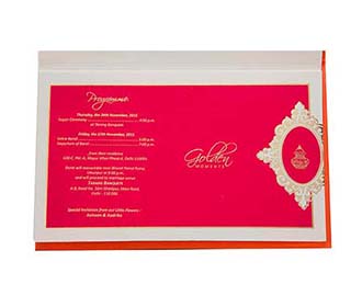 Indian wedding invitation in Orange color with water marked moti