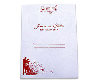 Indian wedding invitation in red satin with paisley design